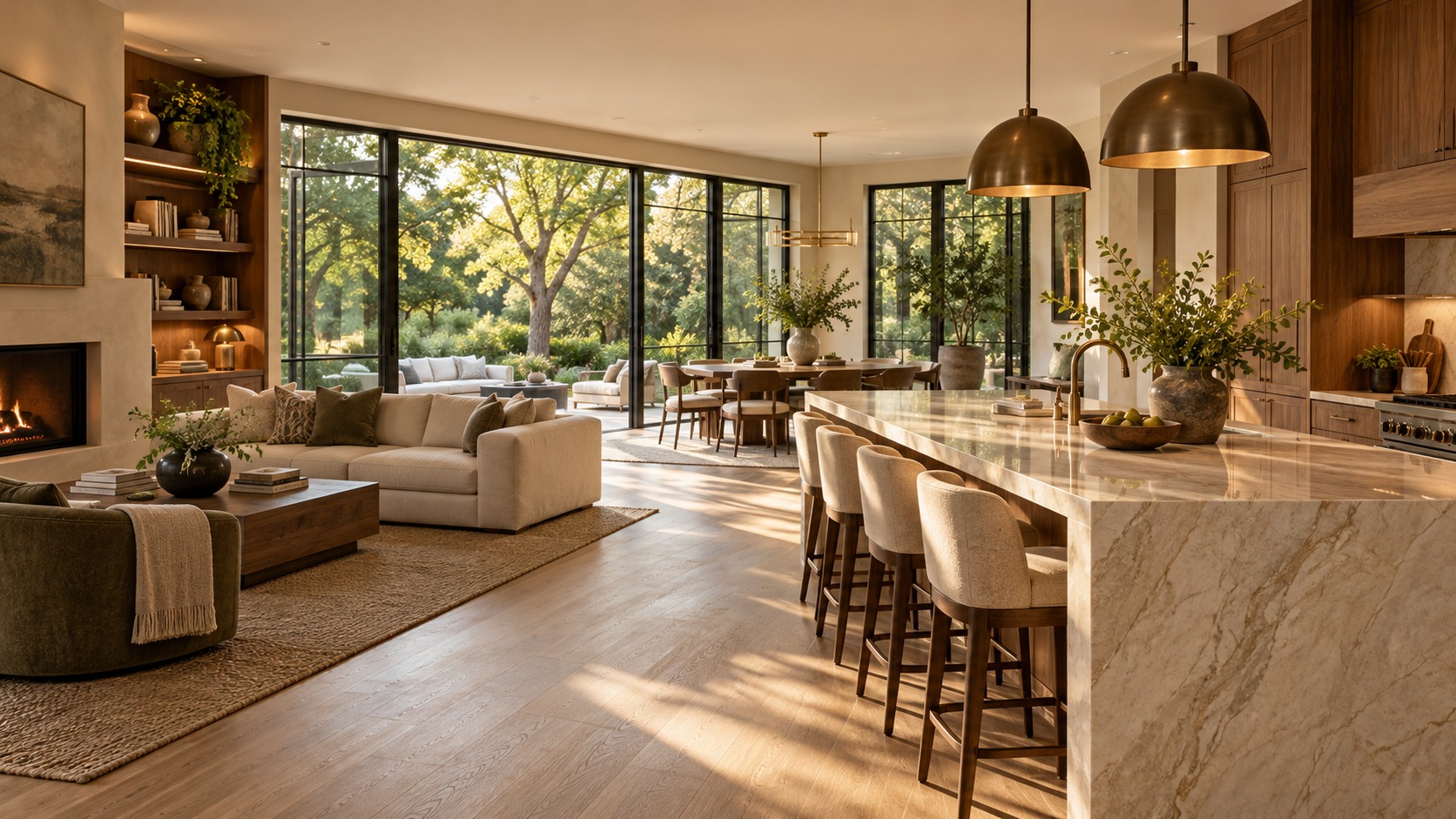 Welcoming kitchen and living space with warm walnut cabinetry, a stone island and garden views
